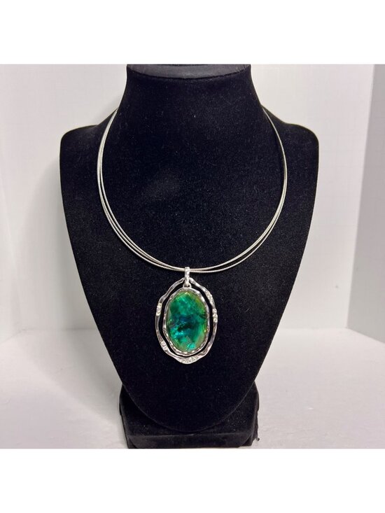 Jones New York Jewelry - Jones New York 3 Strand Silver Tone Wire Necklace W/ Green Pendant (6346-1-2)